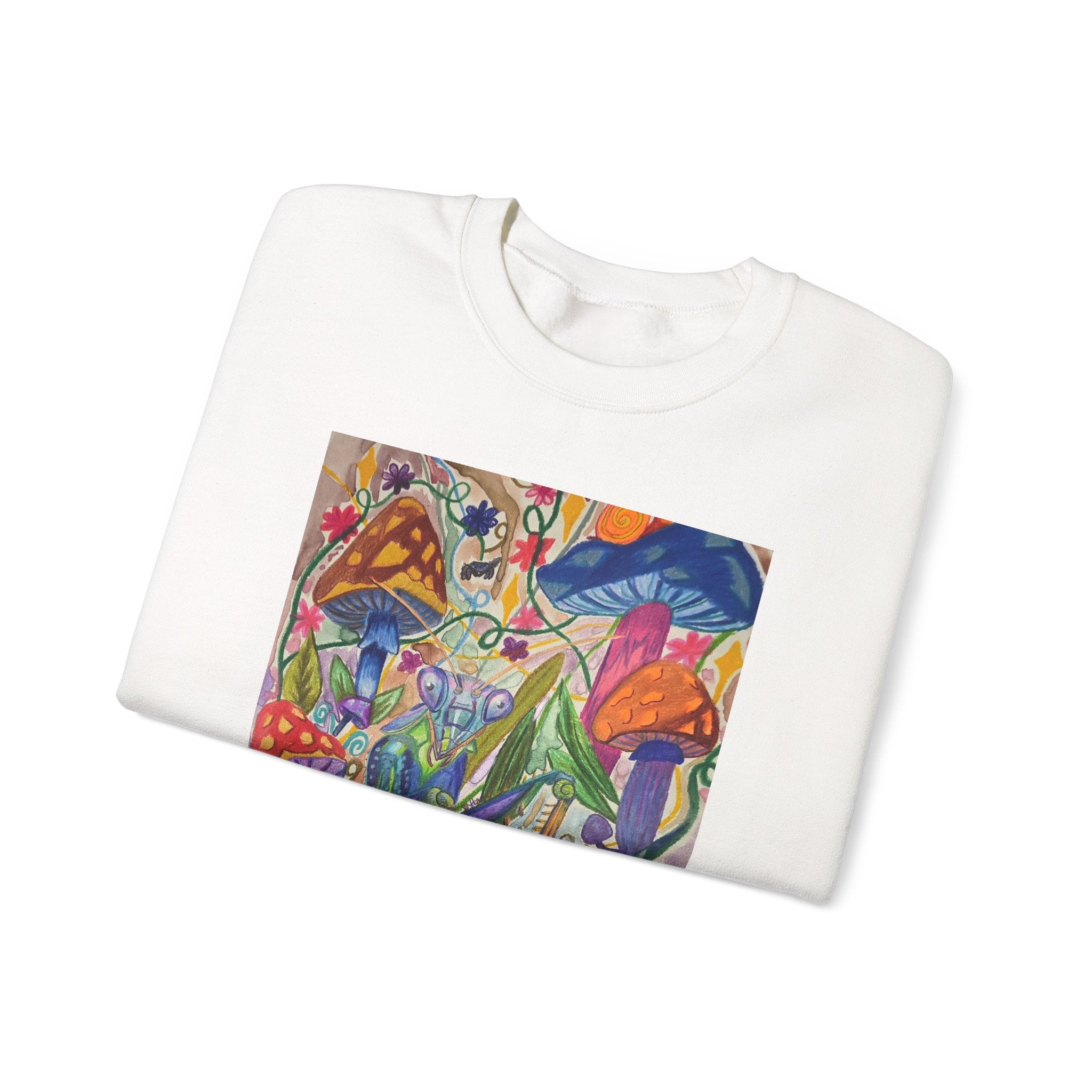 Praying Mantis/Mushroom Garden Crewneck Sweatshirt — Psychedelic Fungi Art