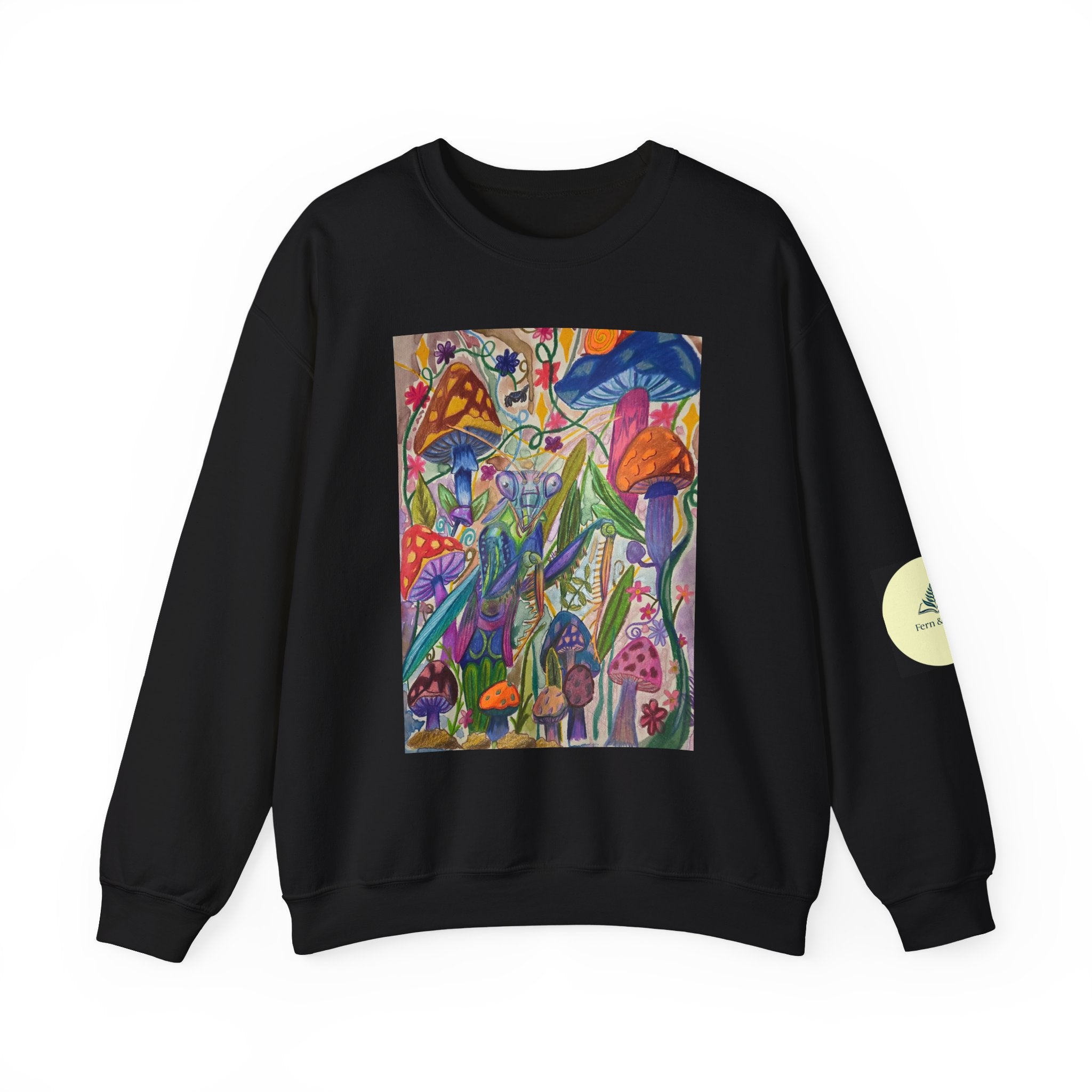 Praying Mantis/Mushroom Garden Crewneck Sweatshirt — Psychedelic Fungi Art