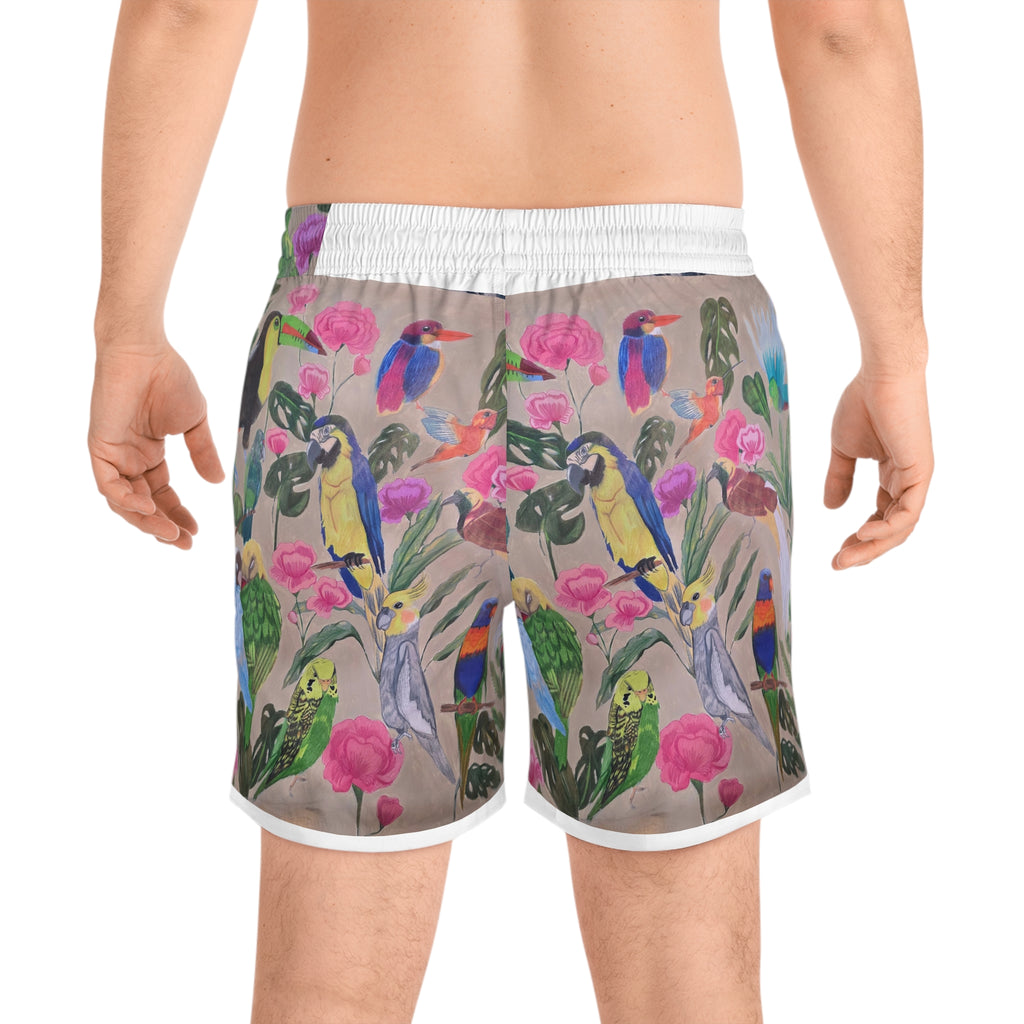 Tropical Parrot Swim Shorts — Colorful Bird & Floral Print Men's Swim Trunks
